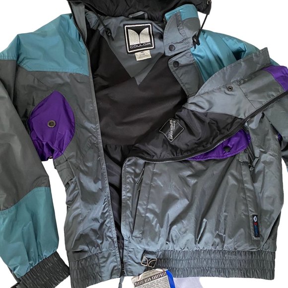 Vtg Couloir Mens Hooded Windbreaker Jacket Sz 40 Green Entrant Nylon Colorblock - Picture 12 of 16